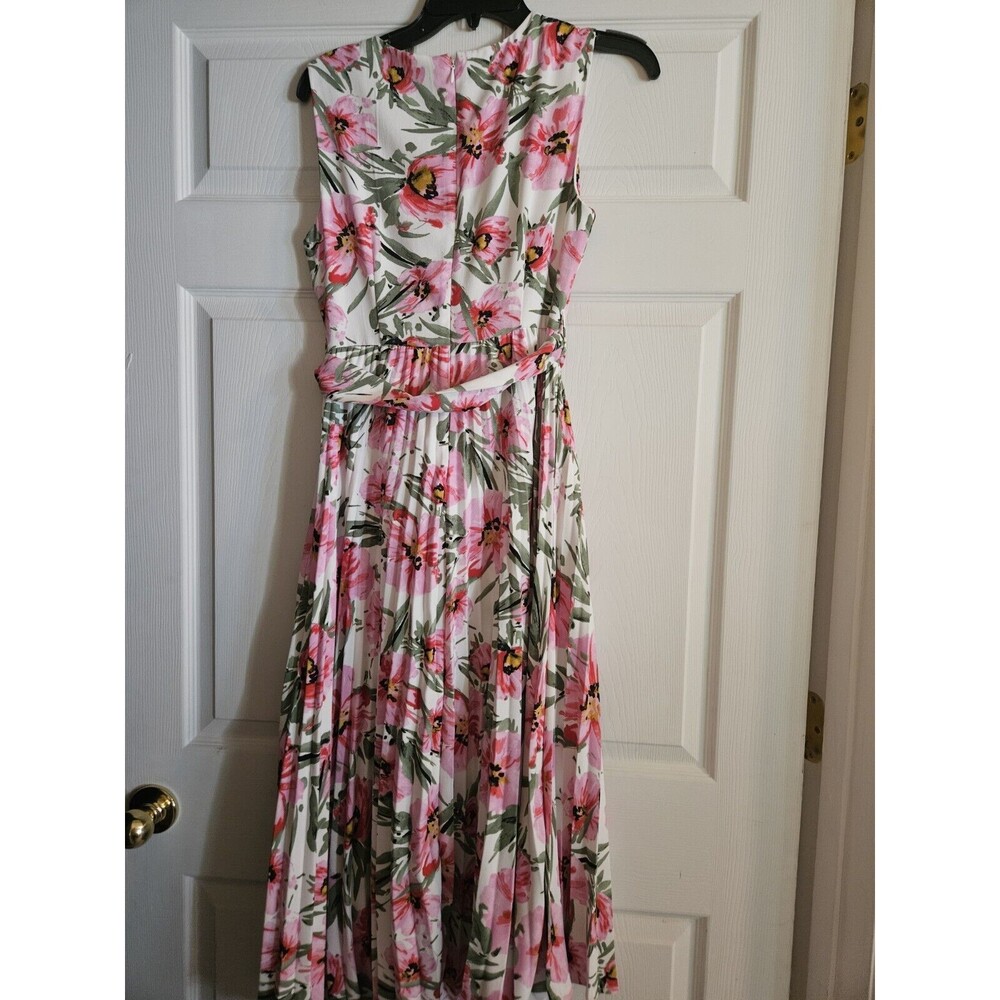 Tahari Pink Green Floral Print Pleated  Belted Midi Dress Sz 6 Pink White Green - Picture 7 of 8